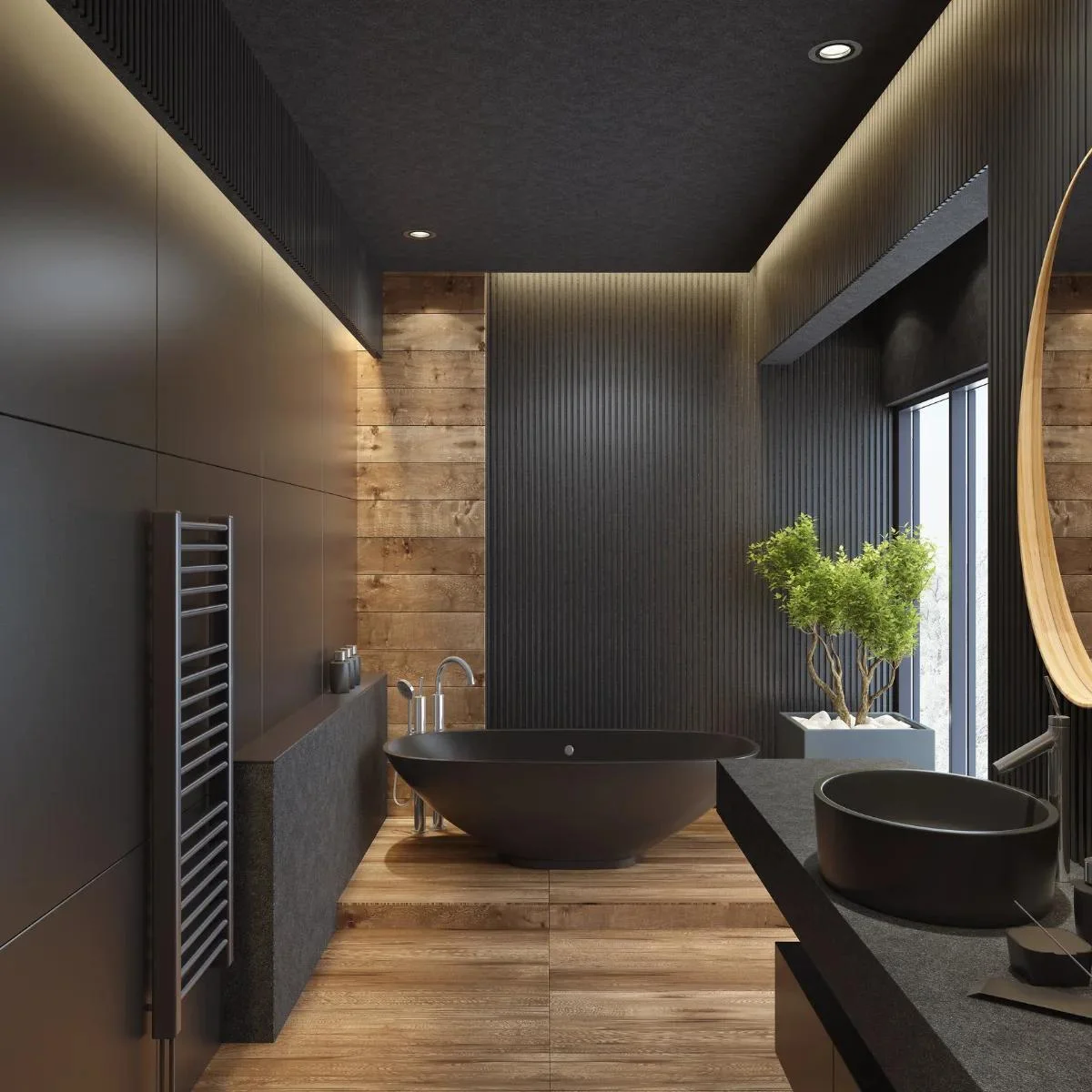 Dark tiled bathroom with a walk-in shower and timber-effect floor