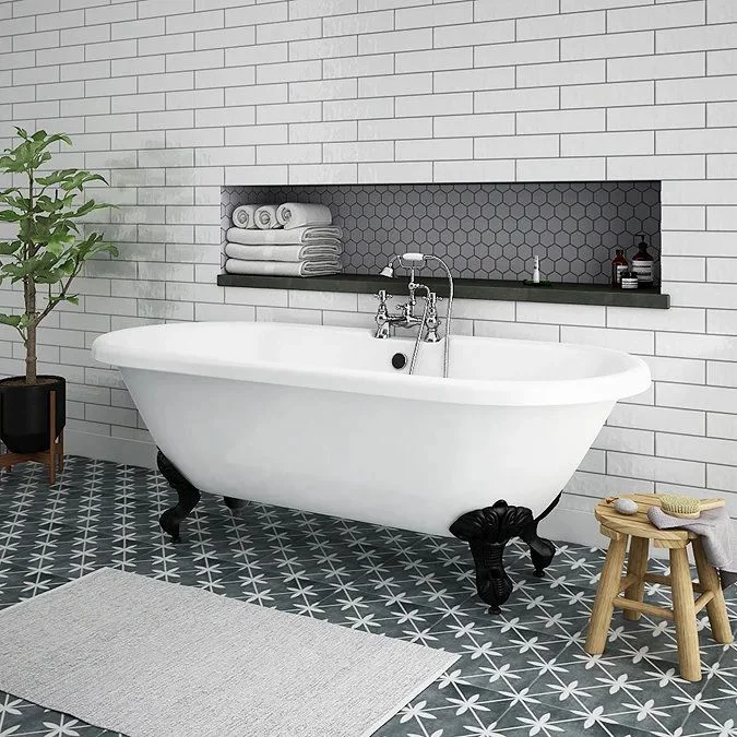 Traditional bath against white brick-pattern tiles