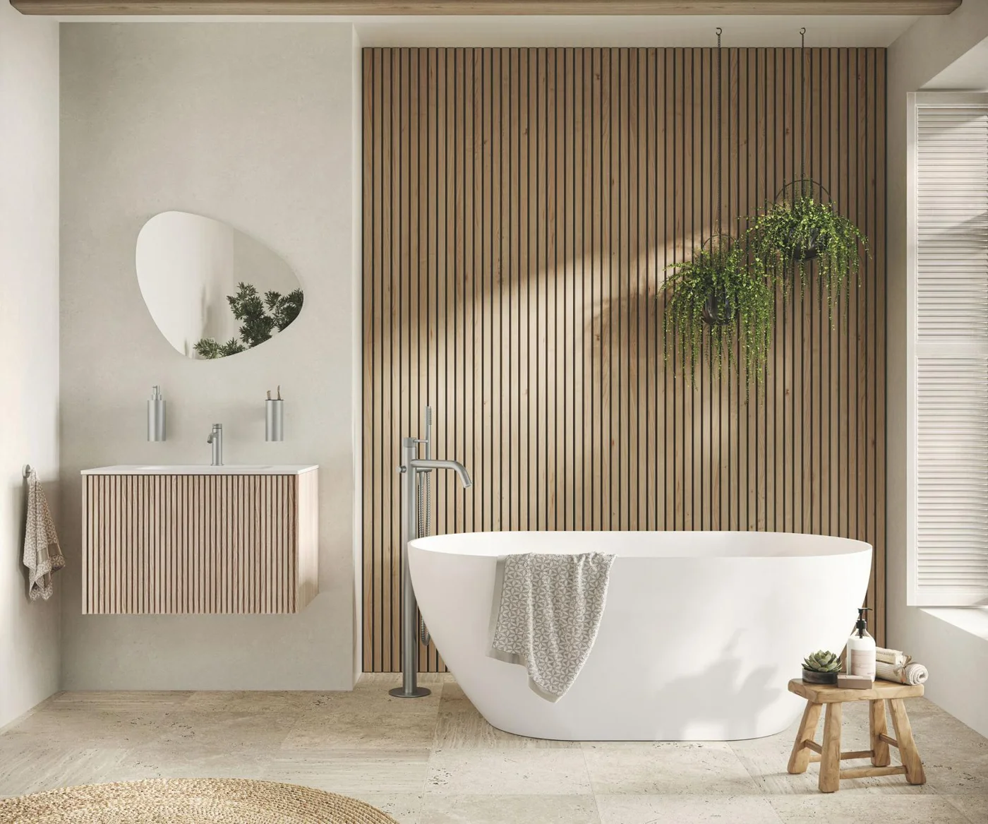 Freestanding bath with warm timber wall panelling